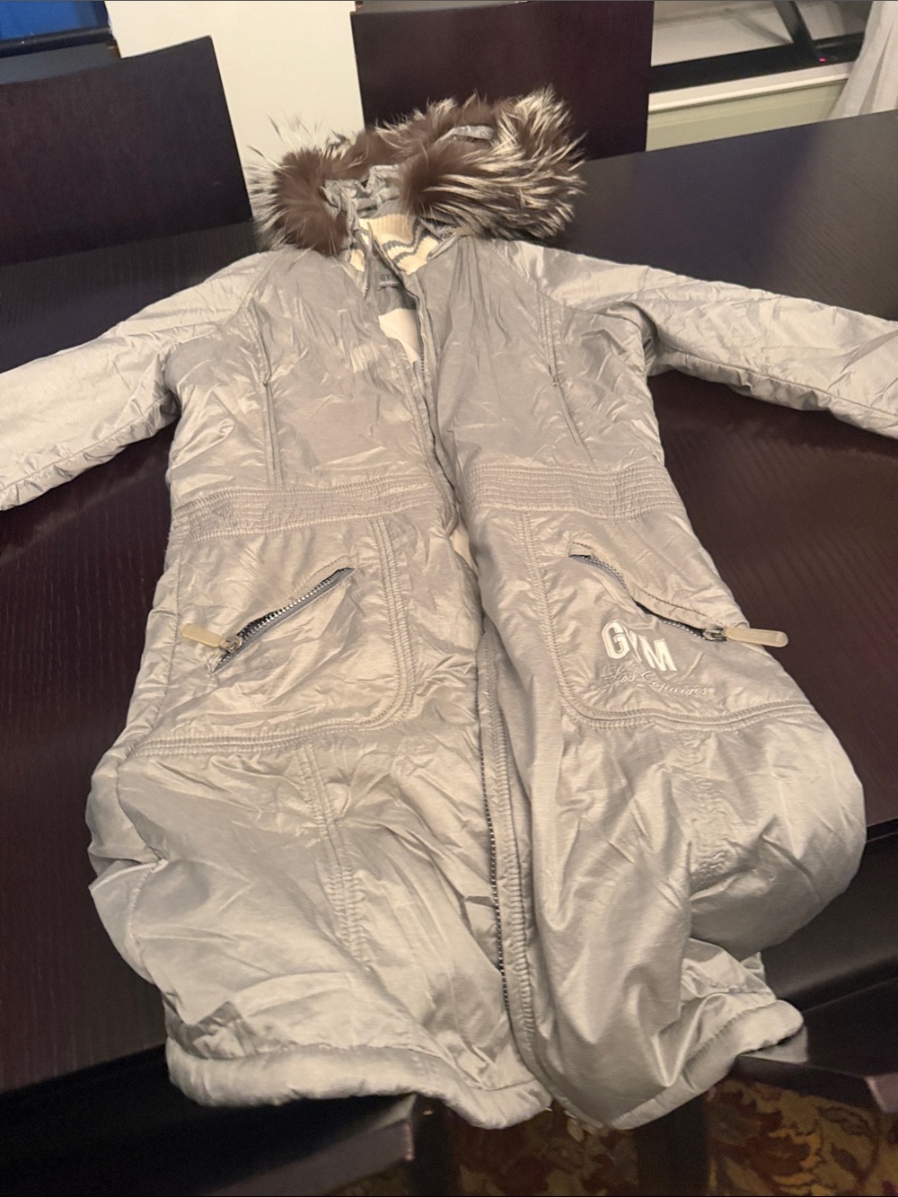Les Copains Silver Hooded Puffer Coat with Fox fur